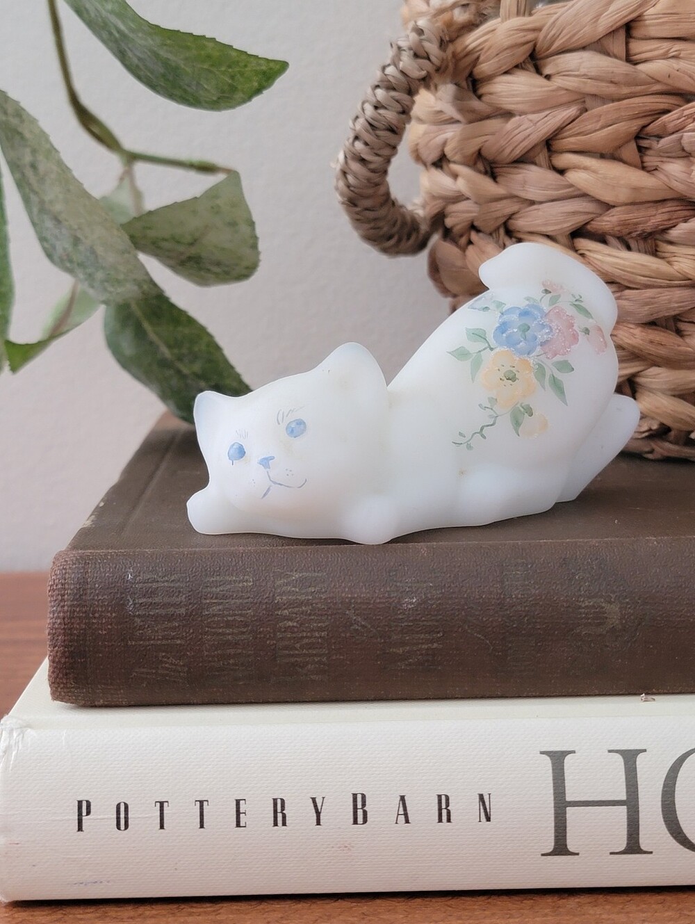 Signed Fenton Opal Satin Glass Crouching Kitten Cat Figurine Handpainted Flowers